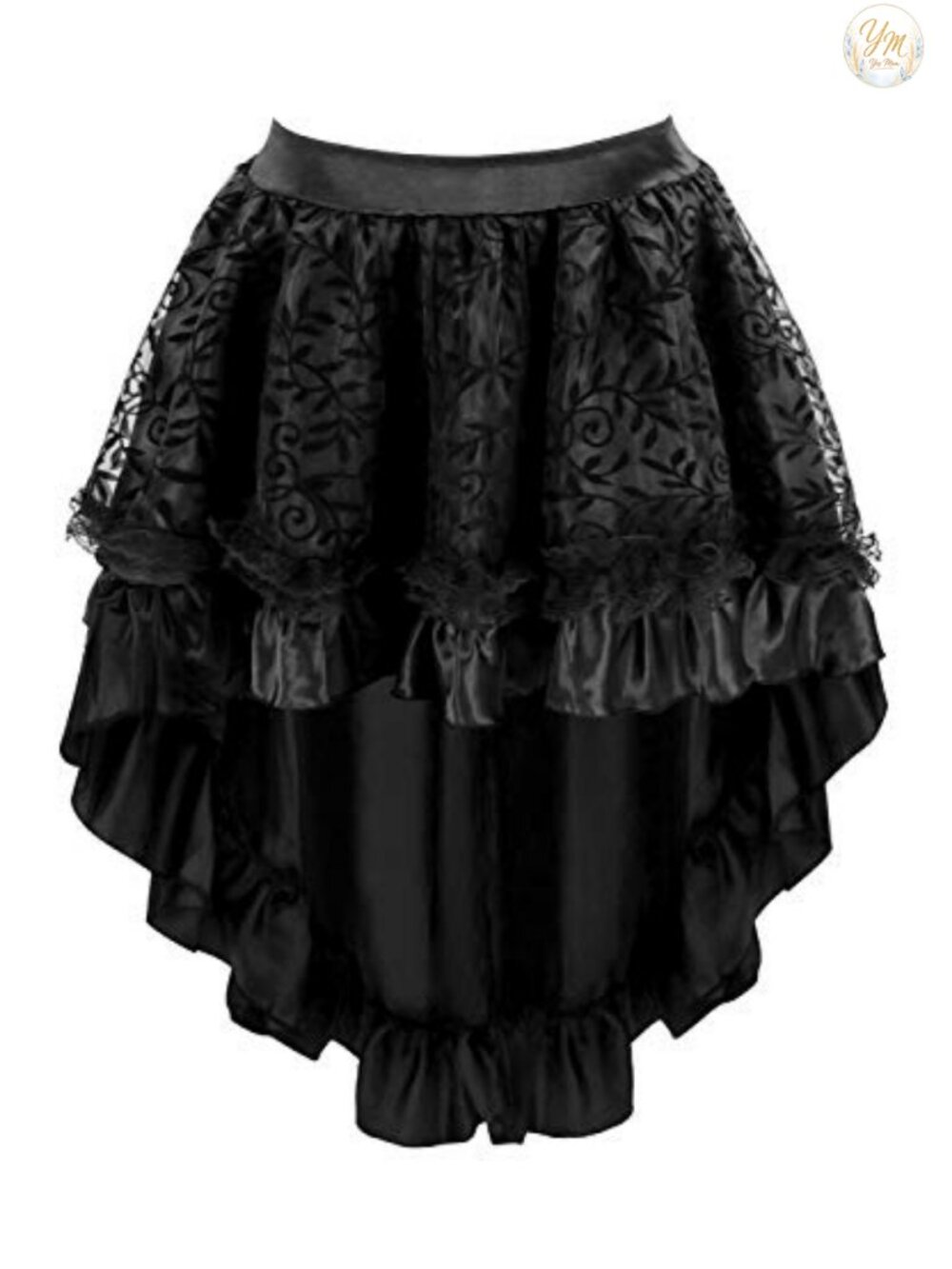 Steampunk Gothic Satin High Low Skirt with Zipper Lace Floral Trim